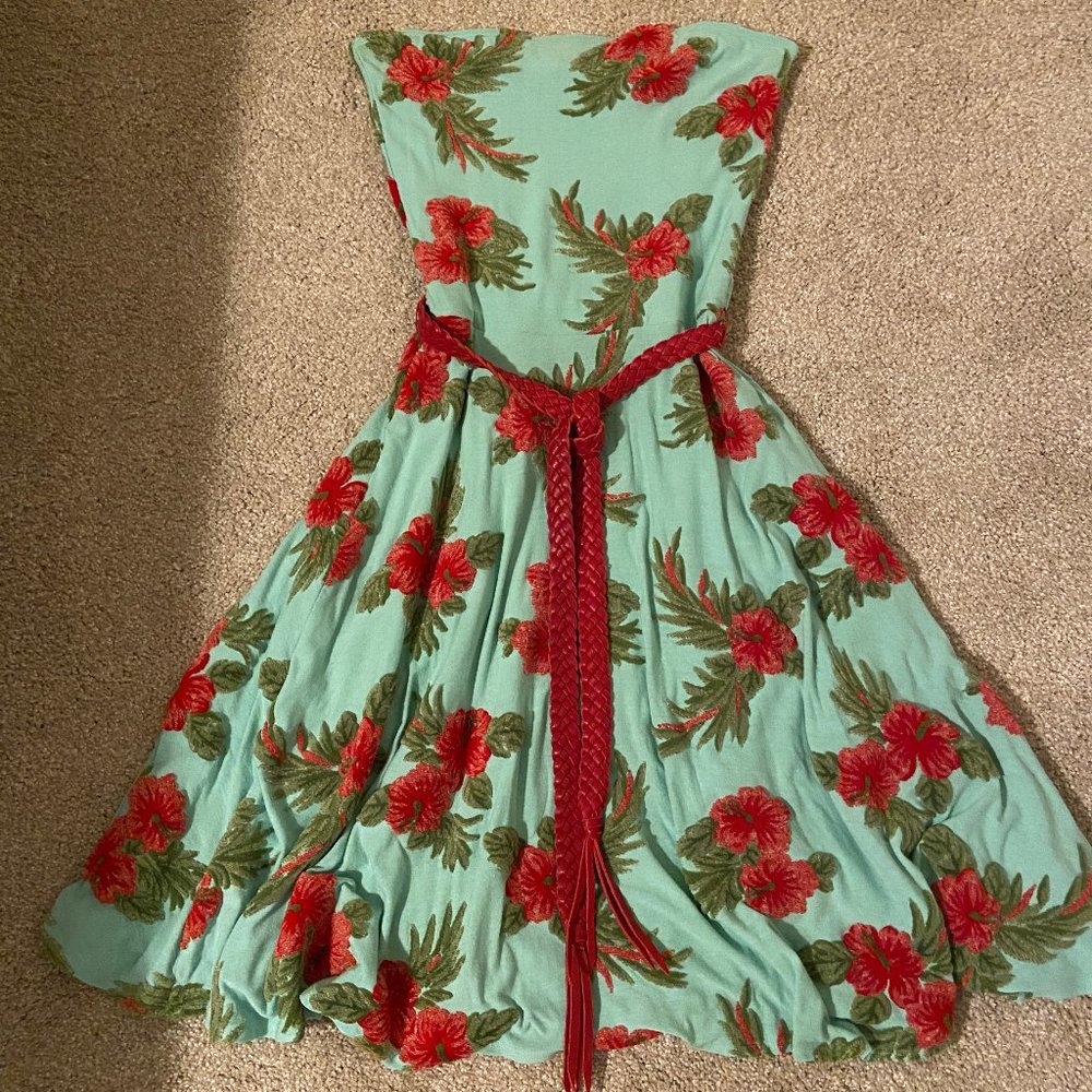 Anja Flint Blue and Red Hibiscus Strapless Dress